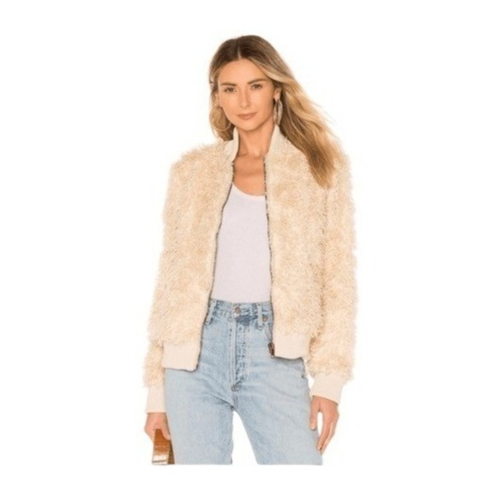 Chaser Faux Lamby Bomber Jacket Cream‎ Faux Fur Knit Long Sleeve Zip-Up XS